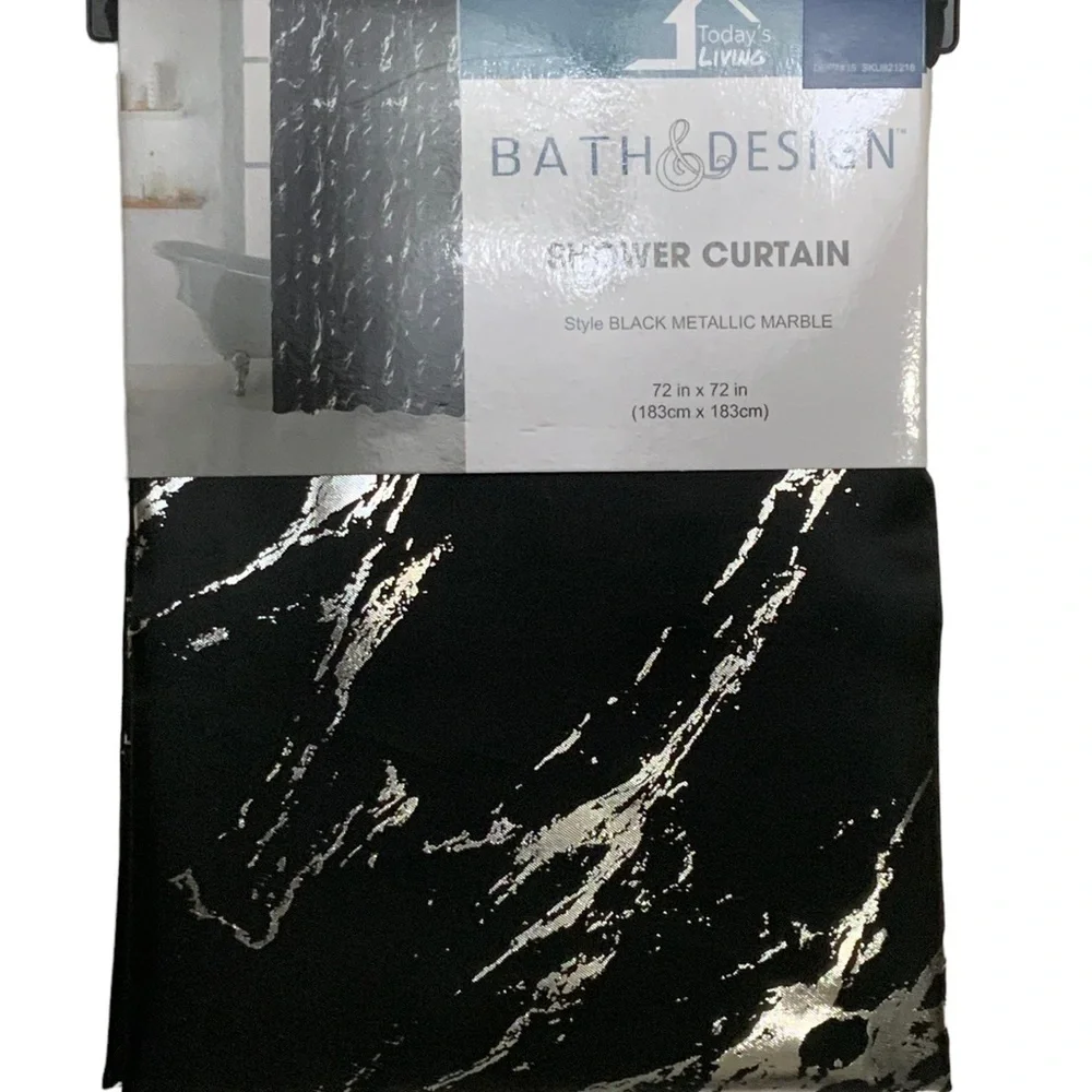 Today’s Living Black Marble Metallic Silver Fabric Shower Curtain 72 in X 72 in